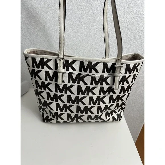 Michael Kors Jet Set MD Carryall Tote -Graphic MK White/Brown - Picture 3 of 3